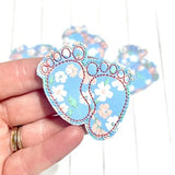 Blue floral baby feet felties with decorative lace trim and dangling bead accents