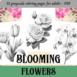 Grayscale blooming flowers coloring pages set with detailed floral outlines