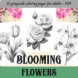 Blooming Flowers Set1, Grayscale Coloring Pages for Adults / 52 Printable Pages / Instant Download / Personal Use