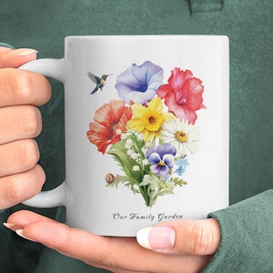 White ceramic mug with colorful family garden flower bouquet design