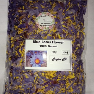 Bag of blue lotus flower tea with whole dried petals; label shows 100g, 100% natural