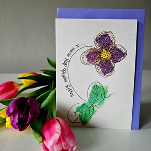 Mother's Day greeting card with purple flower and gold copper accents