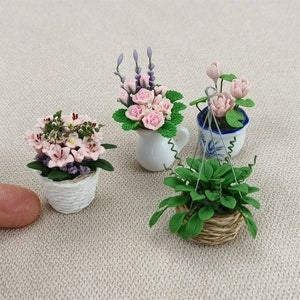 1:12 scale miniature clay flower plants in small pots: pink and white blossoms, green leaves