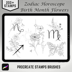 Procreate stamp set with black border, featuring birth-month flowers, zodiac symbols, and line art