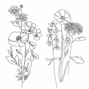 Minimalist line art flower bouquet drawings with one-line stems and blossoms