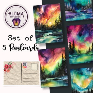 Set of five aurora borealis postcards with colorful winter landscape artwork