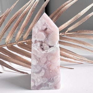 Pink amethyst druzy tower with frosted texture and soft flower agate pattern