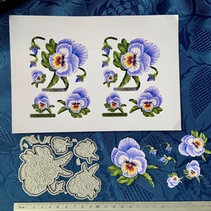 Flower pansy die set with print-out sheet featuring four purple pansy designs and die shapes
