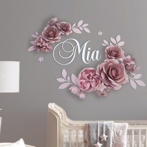 Personalized Mia name sign with dusty rose paper flowers and leaf accents for nursery wall