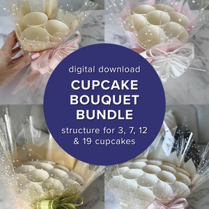 Cupcake bouquet bundle with pink bow cupcakes and bow-topped cups, printable instruction set