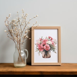 Framed floral bouquet counted cross stitch pattern chart, pink flowers