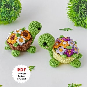 Crochet turtle amigurumi pattern with green turtles and colorful flower appliques, PDF