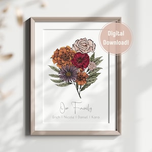 Framed birth flower bouquet wall art with mixed wildflowers and cursive names