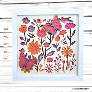 Layered boho flower and butterfly shadow box SVG design with stacked floral elements