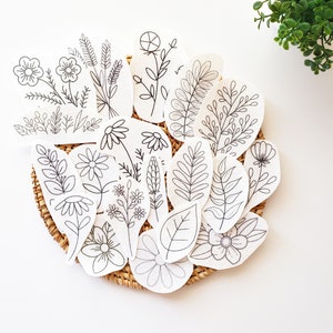 Floral stick-on embroidery pattern set with line-drawn leaves and flowers on cards