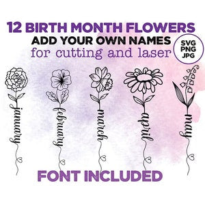 Birth month flower SVG set with 12 black line-art blossoms and stems, font included