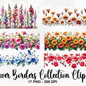Watercolor flower border clipart set with colorful spring blooms in rectangular strips