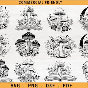 Mushroom and floral line art pattern SVG, with open book and whimsical mushroom icons