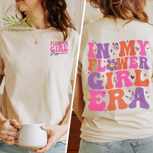 Beige kids T-shirt with 'In My Flower Girl Era' colorful back print