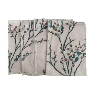 Cotton reusable wipes, pack of 4, white with pink floral branches, stitched edges