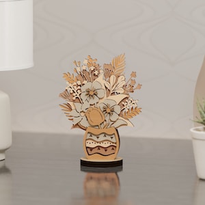 3D laser-cut wooden vase flower table decor, layered floral cutout on base