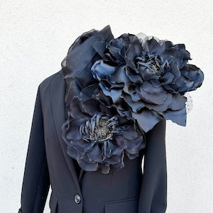 Oversized corsage pin brooch with layered dark blue flower, safety pin back