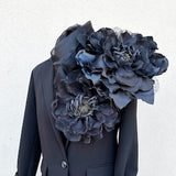 Oversized corsage pin brooch with layered dark blue flower, safety pin back