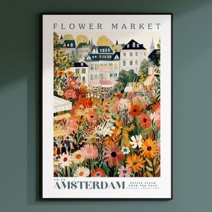Framed poster with colorful wildflower illustration and small canal houses, text 'Flower Market'.