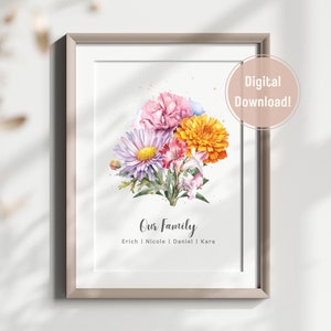 Family Birth Flower Bouquet, Birth Month Wall Art, Personalized Mother's Day Gift, Watercolor Flower, Grandma's Garden, Digital Print