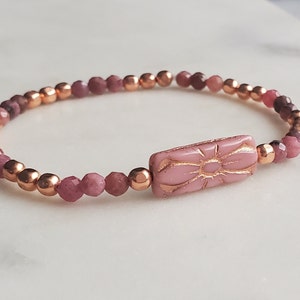 Copper bracelet, Norwegian Pink Thulite gemstone, Pink Daisy flower bracelet, Anniversary, Birthday Gift, Minimalist Bracelet for women