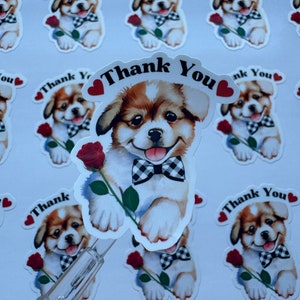 Set of cute dog thank-you stickers with rose and collar, small size, multiple dogs