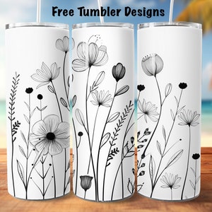 Straight 20oz tumbler wrap with black wildflower line art on white
