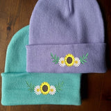 Lovely floral embroidered beanie - hat free delivery more colours gift embroidery present flowers leaves fauna flora sunflowers daisy