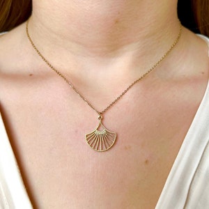 Gold fan pendant necklace with thin chain, Art Nouveau style