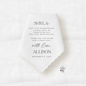 White embroidered wedding handkerchief with SHYLA, thank-you text, and Nov 9, 2024