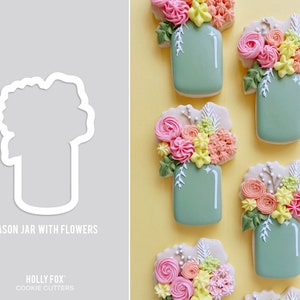 Mason jar cookie cutter with flowers, white metal outline