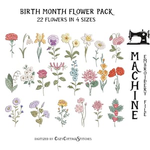 Birth month flower embroidery file bundle with 22 floral designs in 4 sizes