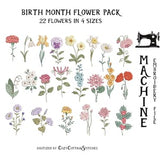Birth month flower embroidery file bundle with 22 floral designs in 4 sizes