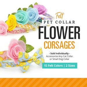 Assorted felt flower pet collar corsages with layered rosettes and leaf accents