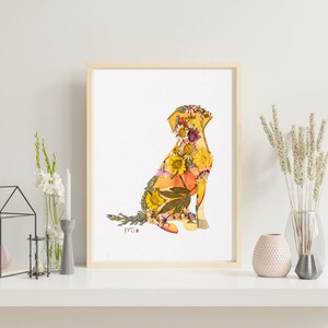 Framed pressed flower Labrador retriever print with colorful floral dog illustration