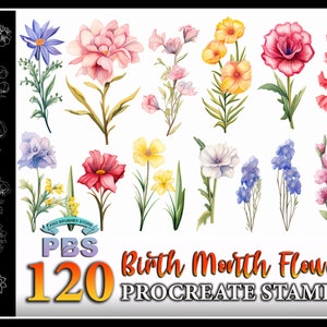 Set of colorful flower stamp designs with assorted birth-month blossoms