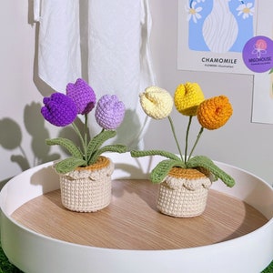 Handmade crochet Classic Tulip Flower potted ornaments, immortal flowers, housewarming gift, finished product ,knitting , Artificial Flower