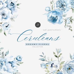 Dusty blue watercolor floral clipart with roses and leaves, assorted bouquet elements