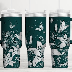 Teal tumbler wrap SVG with white floral leaves and butterflies, seamless full wrap pattern