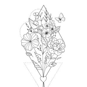 Line art birth flowers print with geometric bouquet and small butterfly, black ink sketch