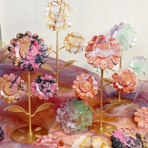 Multicolor crystal flower carvings on decorative gold-tone stands