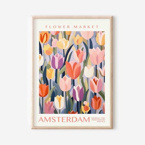Framed flower market wall print with colorful tulip pattern and text “FLOWER MARKET” and “AMSTERDAM”