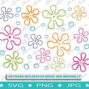 Pastel flower pattern graphic with outline blossoms and loops, multicolor SVG design