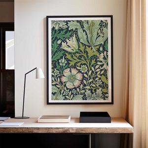 Framed green floral art print poster with Art Nouveau leaf pattern