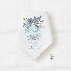 White wedding handkerchief with blue floral border and embroidered script